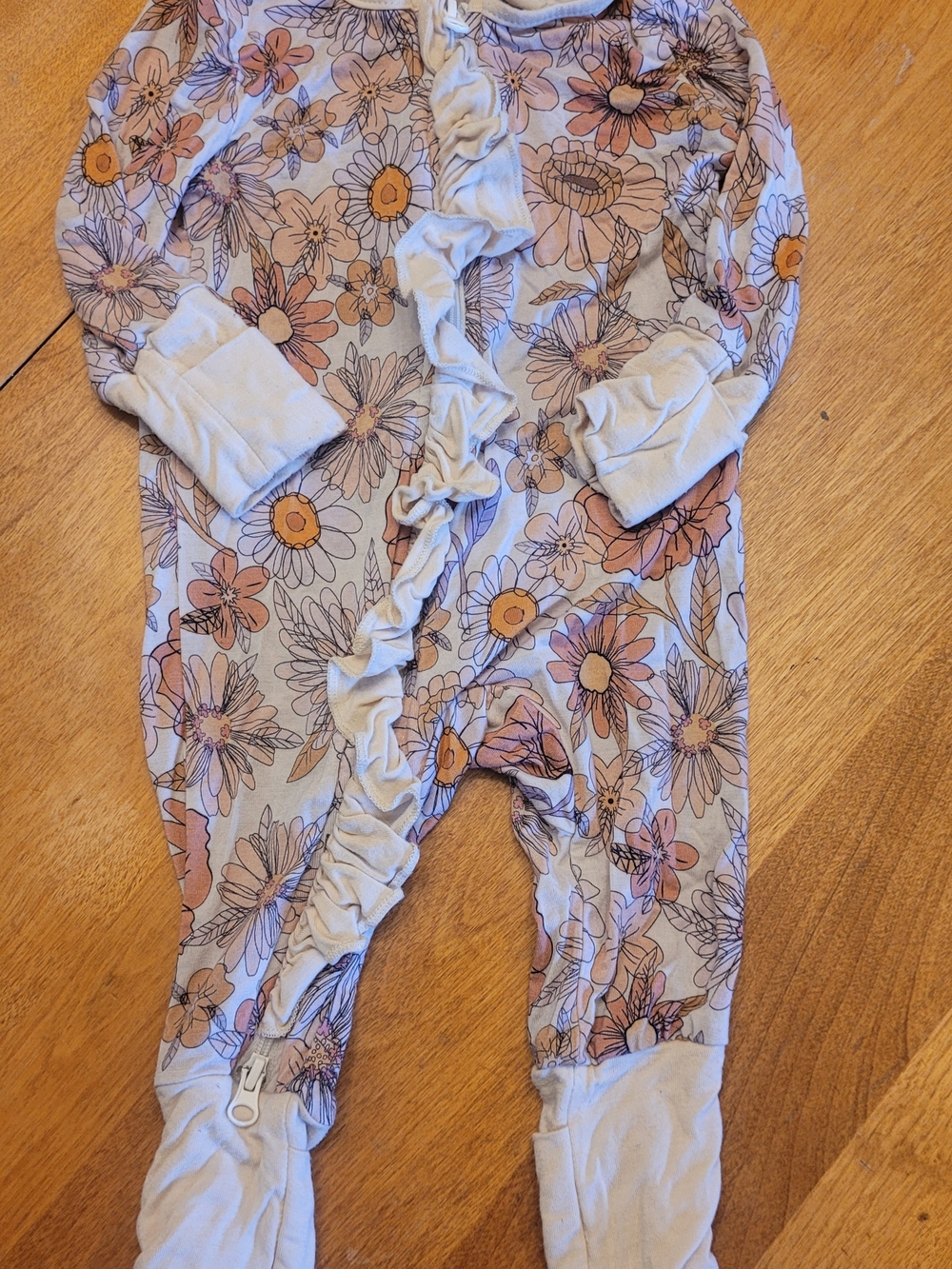 Ruffle-Front Floral Footie One-Piece - Pink & Cream